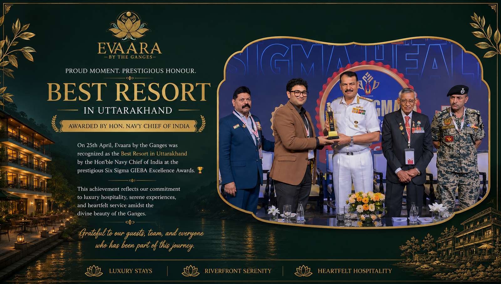 Evaara By The Ganges Honored with Prestigious “Best Resort” Award by the Chief of the Indian Navy